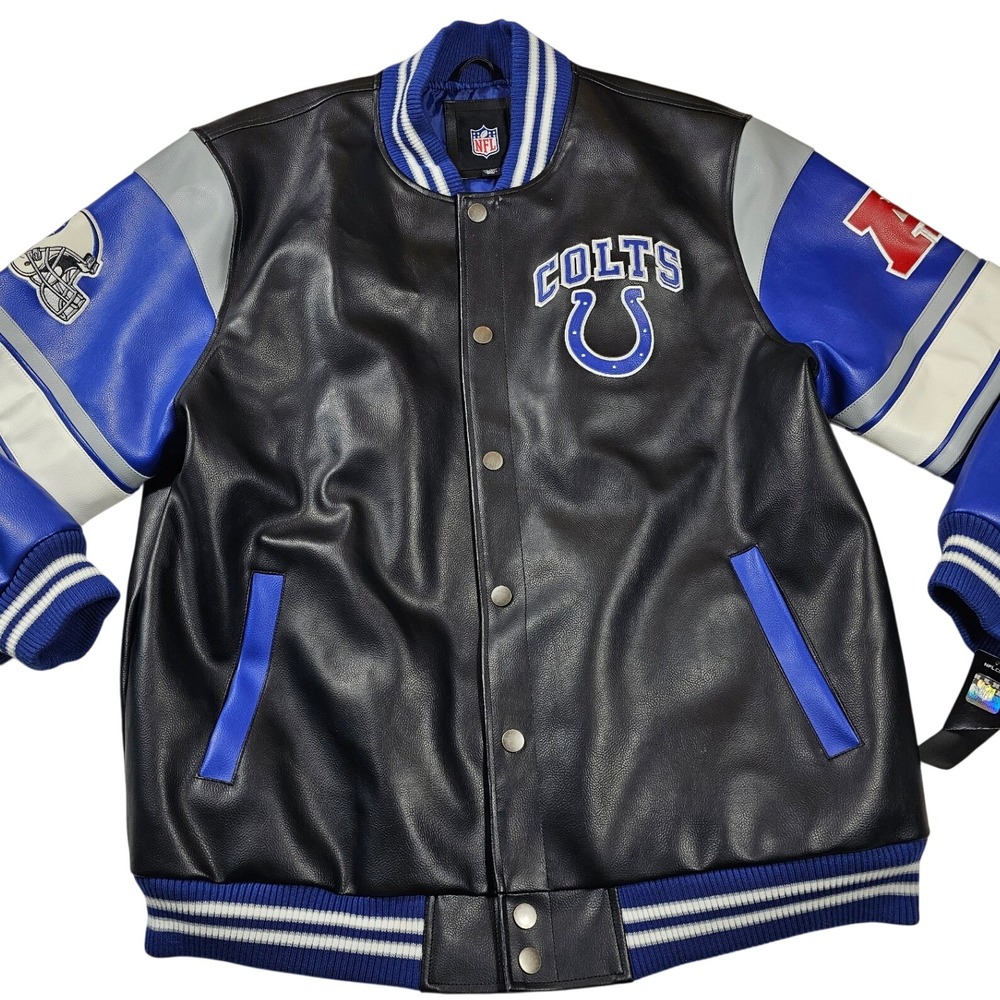 NFL Indianapolis Colts Faux Leather Varsity Jacket Mens XXL Black Blue Letterman